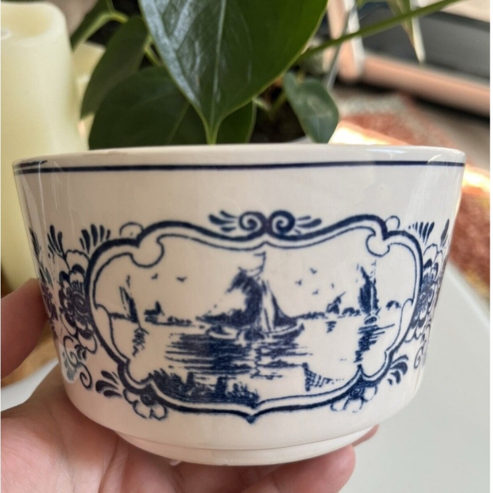 Delft Blue Bowl Small Hand Painted Holland Boats Windmill Scene 5in Vintage